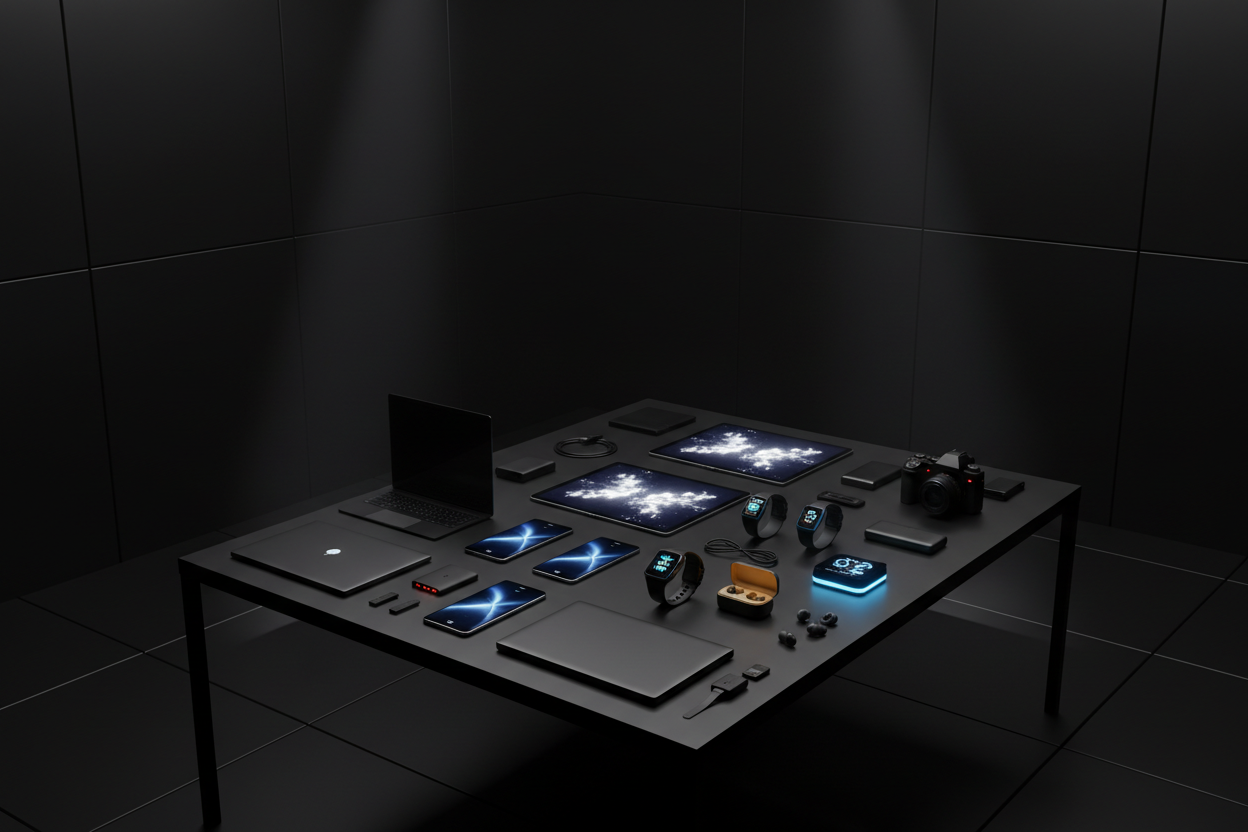 an all black illuminated room with a bunch of electronic gadgets layed out on a black table 